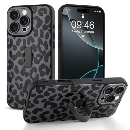 Jefonha Compatible with iPhone 16 Pro Max Case with Finger Hand Strap Kickstand, Trendy Cool Leopard Cheetah Print Phone Case for Women Men, Full Camera Protection Shockproof Protective Cover, Black - Image 1