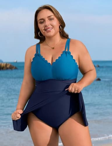 Charmo Women Plus Size Swim Dress Swimsuit Scallop Trim One Piece Tummy Control Bathing Suits Modest Tie Knot Swim Suits Navy Blue 1X - Image 3