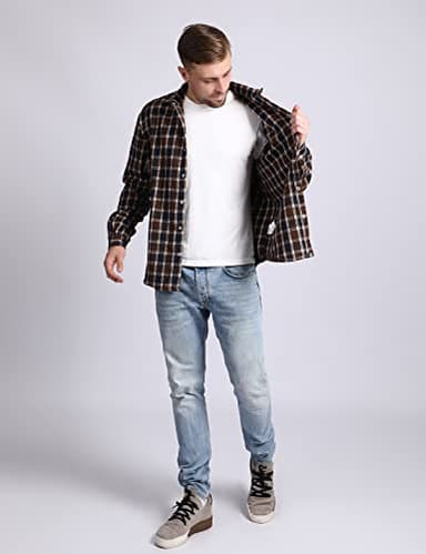 Locachy Men's Casual Cotton Plaid Shirts Long Sleeve Button-Down Flannel Overshirt Jacket Blue&Coffee Plaid M - Image 6