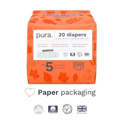 Pura Size 5 Eco-Friendly Diapers (24-35 lbs) Totally Chlorine Free (TCF), Hypoallergenic, Soft Organic Cotton, Sustainable, up to 12 Hours Leak Protection, Allergy UK, 6 Packs of 20 (120 Diapers) - Image 2