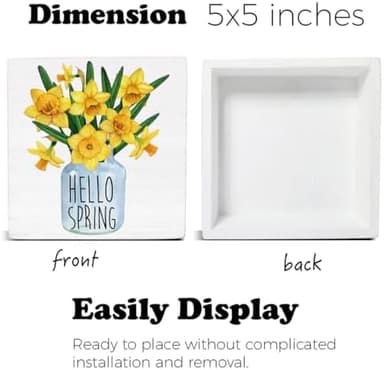 Spring Decor - Hello Spring Decorations - Floral Wooden Decorative Sign - Rustic Home Decor for Desk Table Shelf 5 x 5 Inches - Image 3
