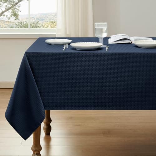 Veblandy Rectangle Tablecloth Weaved Textured Water Resistant Spill Proof Table Cloth, Decorative Fabric Wrinkle Free Table Cover for Events and Dinner, 60 x 84 Inch, Navy Blue - Image 1