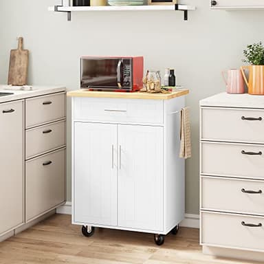 Shintenchi Kitchen Island Cart with Storage,Rolling Side Table on Wheels with Large Worktop, Cabinet,Towel Rack and Drawers for Kitchen,Dinning Room, White - Image 6