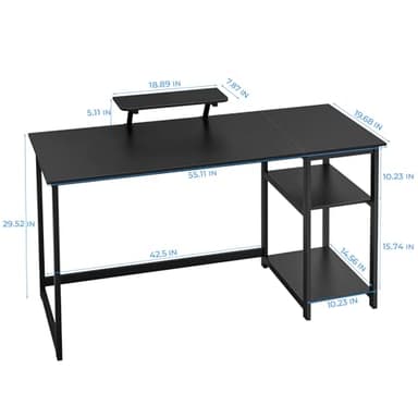 GreenForest Computer Home Office Desk with Monitor Stand and Reversible Storage Shelves,55 inch Modern Simple Writing Study PC Work Table,Black - Image 3