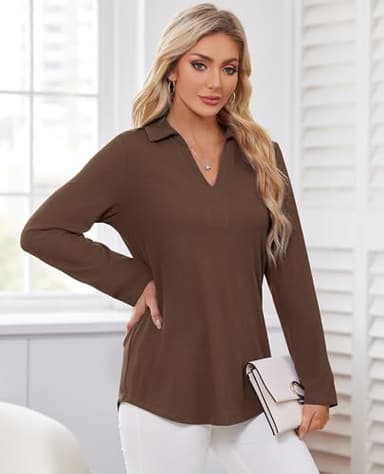 Ladies Tops and Blouses, Polo Shirts for Women Cute Tops Business Casual Outfits Office Wear Work Attire V Neck Going Out Basic Shirt Clothes 2024 Fashion Fancy Evening Coffee L - Image 3