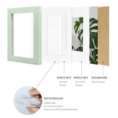 Egofine 4x6 Picture Frames Set of 4, Made of Solid Wood Covered by Plexiglass 3.5x5 with Mat or 4x6 without Mat, for Table Top Display and Wall Mounting Photo Frame Rustic Green - Image 4