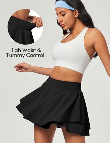 IUGA Tennis Skirt Pleated Skorts for Woman Double Ruffle Golf Skirts for Women Skort with Pockets Tummy Control Athletic Black - Image 4