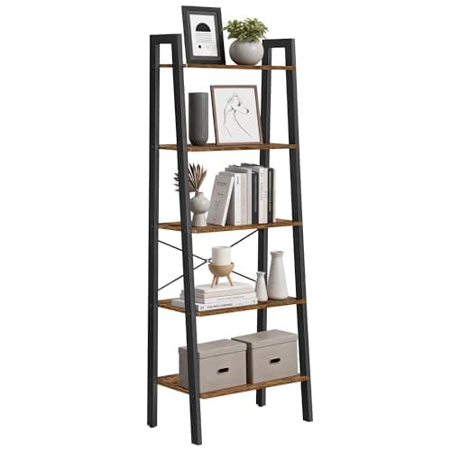 VASAGLE Ladder Shelf, 5-Tier Bookshelf, Storage Rack, Bookcase with Steel Frame, for Living Room, Home Office, Kitchen, Bedroom, Industrial Style, Rustic Brown and Ink Black ULLS45X - Image 1