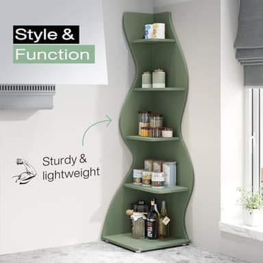 Tribesigns Corner Shelf, Modern 5-Tier Wall Corner Bookshelf, Stylish Corner Small Bookcase Storage Rack Plant Stand with Unique Shape for Living Room, Home Office (Sage Green, 1PC) - Image 6