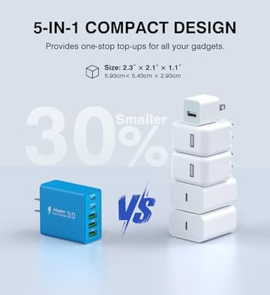 [2-Pack] USB C Wall Charger, 50W USB C Charger Block 5-Port PD Fast Charging Blocks,2USB C+3USB A Multiport Plug,Type C Power Adapter Brick Cube for iPhone 16/15/14/Pro,iPad,Samsung,for Switch（Blue） - Image 7