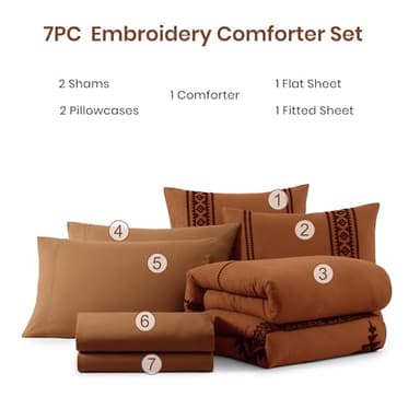 MAIREVE Burnt Orange Embroidery Comforters Set Queen Size - 7 Pieces, Farmhouse Western Bedding All Season, Bed in A Bag Queen Boho Comforter Set with Sheets, Pillowcases & Shams - Image 7