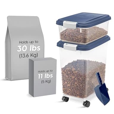 IRIS USA Dog Food Storage Container, 30 lbs & 11 lbs Combo, Cat Food Storage Container, Dog Treat Container, Airtight, Stackable, 2-Cup Scoop, Wheels, Easy Mobility, Navy - Image 2