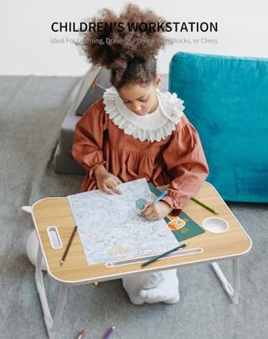 ZEAPTAC Laptop Bed Desk, Foldable Lap Table, Portable Study Table, Laptop Stand with Cup Holder & Tablet Slot & Lifting Handle for Working Writing Drawing & Eating - Wood - Image 3