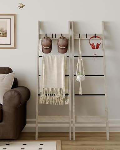 Hzuaneri Blanket Ladder for Living Room, Decorative Quilt Rack with 4 Removable Hooks, 5-Tier Farmhouse Ladder Holder Shelf Organizer for Bedroom, Greige and Black BR02105B - Image 4