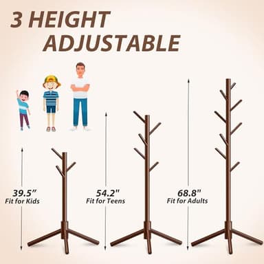 Unisakey Durable Wooden Coat Rack, Freestanding Coat Rack with Stable Triangular Base, 8 Hooks & 3 Adjustable Heights, Simple Assembly for Bedroom, Hallway, Office(New Brown) - Image 7