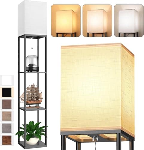 Floor Lamp with Shelves for Living Room, Shelf Floor Lamp with 3 CCT LED Bulb, Corner Display Standing Column Lamp Etagere Organizer Tower Nightstand with White Linen Shade for Bedroom, Office - Image 1