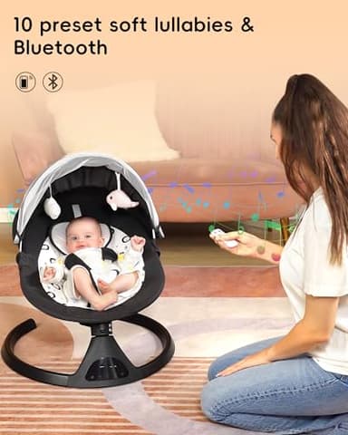 Electric Baby Swing for Infants to Toddler Portable Babies Swings Timing Function 5 Swing Speeds Bluetooth Touch Screen Music Speaker with 10 Preset Lullabies 5-Point Carabiner Black - Image 5