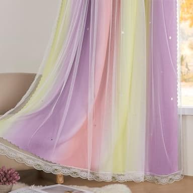 XiDi Pink Blackout Curtains for Bedroom Decor - Rainbow Unicorn Wall Decals for Girl's and Kids' Room - Purple and Yellow 34X72 Inch Long 1 Panel - Image 4