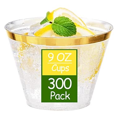 Ciaell 300PCS Gold Plastic Cups - 9Oz Heavy Duty Plastic Cups - Gold Rimmed Disposable Cup - Disposable Clear Wine Cup with Gold Rim for Party & Wedding & Thanksgiving - Image 1
