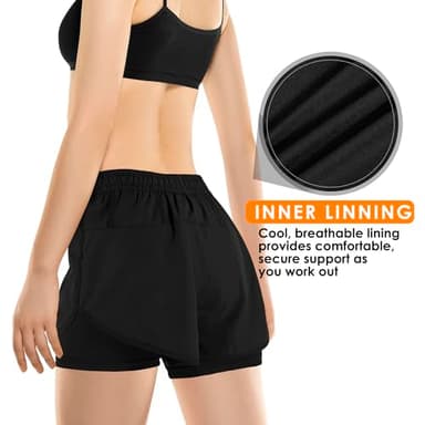 Yevrimow Women's 2 in 1 Running Shorts for Gym Yoga Workout Athletic Shorts High-Waisted Shorts with Liner Pockets Light Blue-XL - Image 3