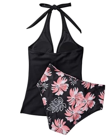 SUUKSESS Women Sexy Halter Tankini Bathing Suits Slimming Tummy Control High Waisted Swimsuits 2 Piece (Vintage Floral Black, L) - Image 3