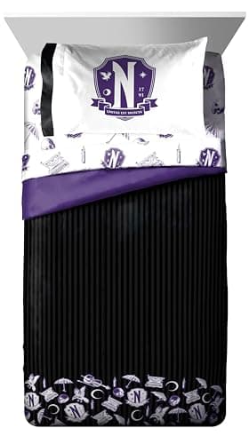 Jay Franco Wednesday Addams Twin Comforter Set â€“ 5 Piece Bedding Includes Sheet Set & Pillow Covers - Black and Grey Stripes Super Soft Kids Bedding - Image 2