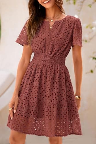 PRETTYGARDEN Womens 2025 Summer Short Dress V Neck Short Sleeve A Line Hollow Out Lace Ruffle Cute Casual Beach Party Dresses (Brown Red,Medium) - Image 6