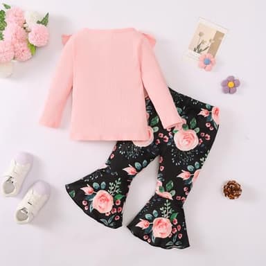 Kislio Toddler Baby Girl Clothes Long Sleeve Ruffle Ribbed Solid Tops Flare Pants Bell Bottoms Fall Winter Outfit Set - Image 3