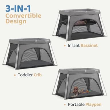 HARPPA Travel Crib with Comfy Mattress, Lightweight Portable Crib Requires No Assembly, Foldable Pack and Play for Baby and Toddlers, Compact Play Yard with Bed,Gray - Image 4