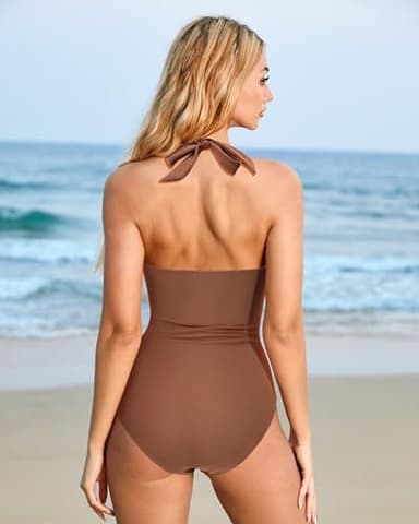 SUUKSESS Women Sexy Tummy Control One Piece Swimsuits Halter Push Up Monokini Bathing Suits (Brown, XXL) - Image 3