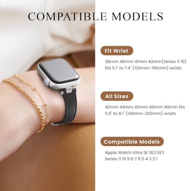 STIROLL Thin Leather Band Compatible with Apple Watch Bands 41mm 40mm 38mm 42mm(Series 11 10) Women, Stylish Top-Grain Leather Strap Slim Wristband for iWatch SE3/2/1 Series 9 8 7 6 5 4 3 2 1, Black/Silver - Image 5