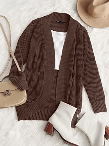 MEROKEETY Womens 2025 Fall Long Sleeve Open Front Cardigans Chunky Knit Draped Sweaters Outwear Coffee M - Image 6