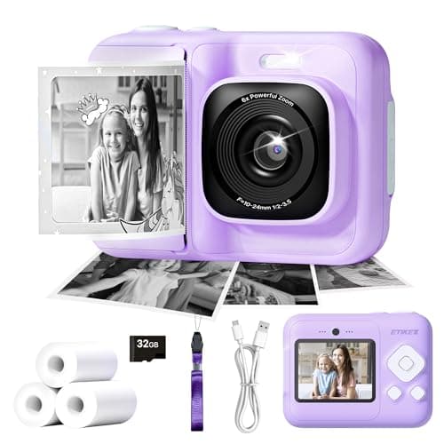 ETIKEZ Kids Camera, 1080P Instant Digital Print Camera for Kids, Christmas Birthday Gifts for 4 5 6 7 8 9 10 Year Old Girls Boys, Portable Toy with 32GB SD Card & 3 Rolls Printing Paper, Purple - Image 1