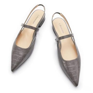 C.Paravano Crocodile-Embossed Women's Slingback Flats, Pointed Toe Kitten Heels, Low Heel Pumps, Ankle Strap Leather Dress Shoes for Office and Casual Wear(Size 10,Croc Grey Flats) - Image 1