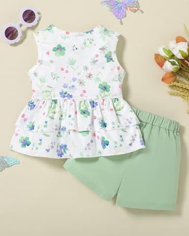 YUEMION Toddler Girl Clothes, 2Pcs Baby Girl Summer Outfits Sleeveless Bow Knot Tank Shirts Tops + Shorts Clothing Sets(Flowers+ Light green, 2-3T) - Image 8