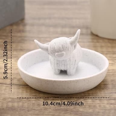 Awsaccy Highland Cow Ring Holder with Circular Dish, Plastic Farmhouse & Bohemian Style Marble Cute Unique Women Gifts Stuff Ring Jewelry Plate Organizer for Bathroom Office Home Room Desk Decor - Image 3