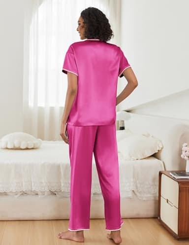 Ekouaer Silk Pajamas for Women Set Satin Two Piece Pjs Sets Ric Rac Trim Contrast Loungewear Rose - Image 5