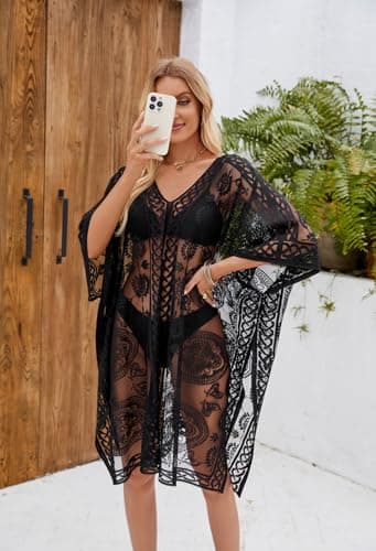 Women's Swimwear Cover-Up for Beach and Pool, Lace V-Neck Swimsuit Dress, Bikini Cover-Up (Black) - Image 8
