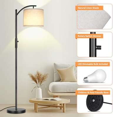 ROTTOGOON Dimmable Floor Lamp, Arc Floor Lamps for Living Room, Stepless Dimming Modern Standing Lamp with Linen Shade, Tall Lamp for Bedroom Office Dining Room- Black - Image 8