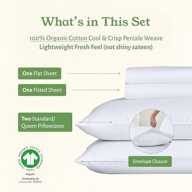 California Design Den Queen Sheet Set - Soft 100% Organic Cotton Sheets with Deep Pockets, Crisp Percale, Breathable and Durable Bedding Set - White - Image 2