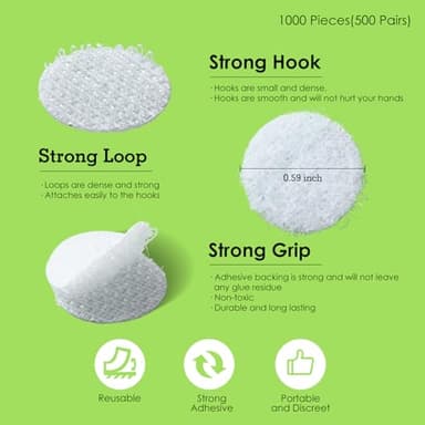 1000 Pcs | 500 Pairs | 0.59inch Diameter | 100% Nylon | Hook and Loop Fastener Self Adhesive Strong Round Circle Sticky Sticker Dots for Arts and Crafts School Classroom Home and Office Use, White - Image 4