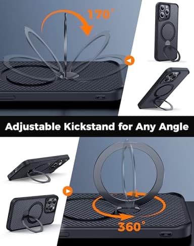 FlyReal Designed for iPhone 15 Pro Max Case with 360° Magnetic Stand, Carbon Fiber Phone Case [Compatible with Magsafe] [16FT Military Protection] with Stand Ring 6.7'', Black - Image 2