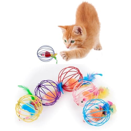 Oiuyamn Cat Interactive Toy - Metal Cage With Colorful Plush Mouse, Kitten Teething and Chew Toy, Indoor Exercise Ball - 1PCS Random Color - Image 1
