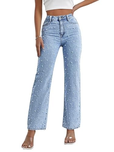Kedera Women Pearls Beaded Flare Leg Jeans Loose Fit Stretchy Casual Straight Jeans Denim Trousers - Image 1