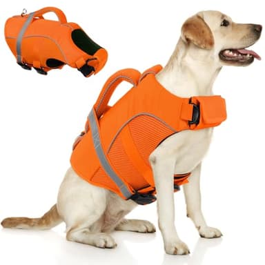 Queenmore Dog Life Vest, Adjustable Ripstop Dog Life Jacket for Swimming Boating, Doggy Lifesaver with Superior Buoyancy and Rescue Handle, Pet Swimming Vest for Small Dogs（Orange,S） - Image 1