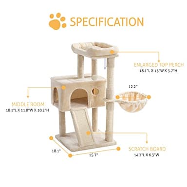 SHA CERLIN Cat Tree 36 Inches Cat Tower with Hammock, Sisal Scratching Post for Indoor Kittens, Small Room, Beige - Image 3