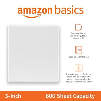 Amazon Basics 3 Ring Binders, 3 Inch, 2 Pack, D-Ring Organizer for School, Home Office, White - Image 2