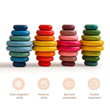 OESSUF 16pcs Extra-Large Wooden Sorting Stacking Rocks - Safe Montessori Toys for 1-3 Year Old, Waldorf Wooden Blocks for Toddlers 1-3, Smooth Stacking Stones for Toddlers, for Kids - Image 6