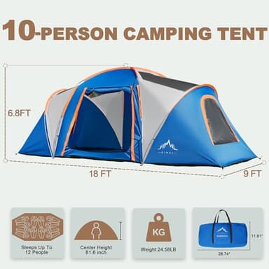 Tents for Camping, Waterproof 10 Person Family Tent with Double Layer & 4 Large Mesh Windows, Weather Resistant Easy Setup 2 Room Big Tent for Music Festival, Parties, 18 X 9 X 6.8Ft - Image 2