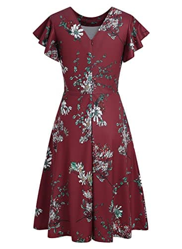 HELYO Women's Semi-Formal Ruffle Sleeves V-Back Work Fit and Flare Cocktail Wedding Guest Dress with Pockets 842 XL Burgundy Floral - Image 4